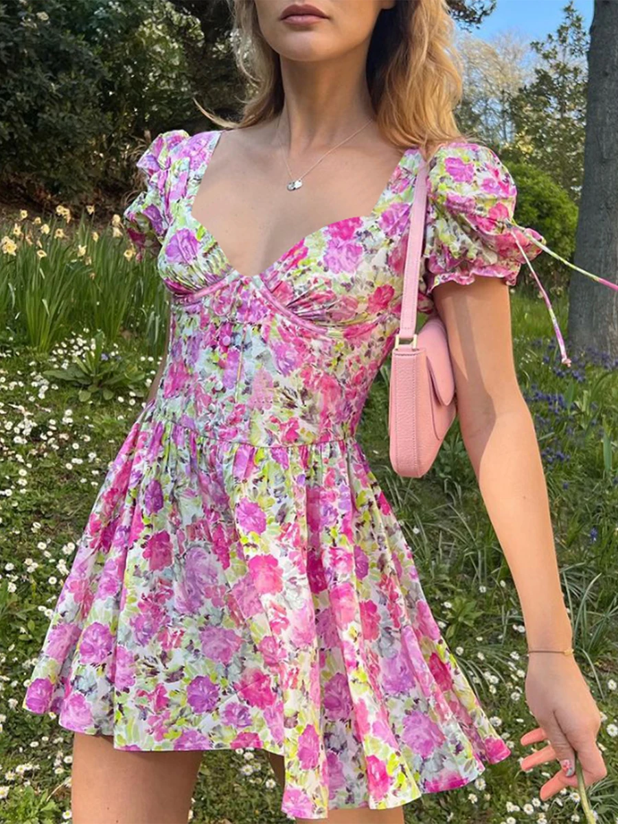 New Fashion Womens Casual Manica Corta Dress Fashion Flower Stampato Scollo A V Vita Alta A-Line Dress Street Style Pink S M L