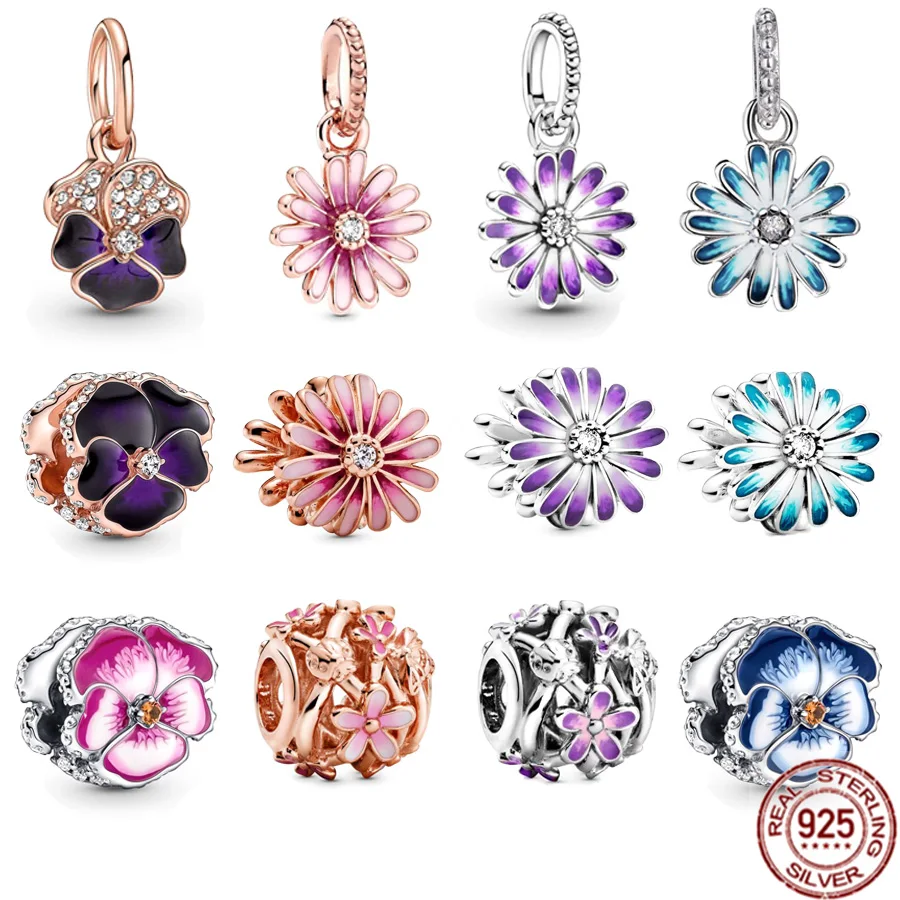 Fine Purple Blue Pansy Charm Pink Daisy Flower Ciondola Charm Bead Fit Collana Con Bracciale Pandora Originale Regalo Di Gioielli Da Donna Fai Da Te