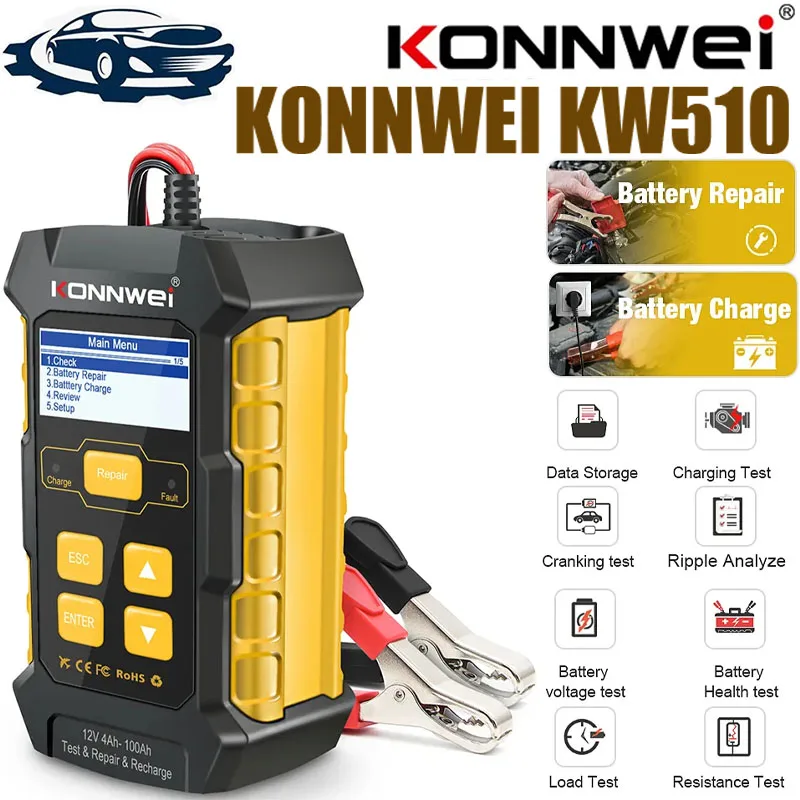 Konnwei Kw510 Full Automatic 12V 24V 10A 5A Full Car Battery Tester Strumento Di Riparazione Pulse Auto Chargers Alimentatore Al Piombo Kw520