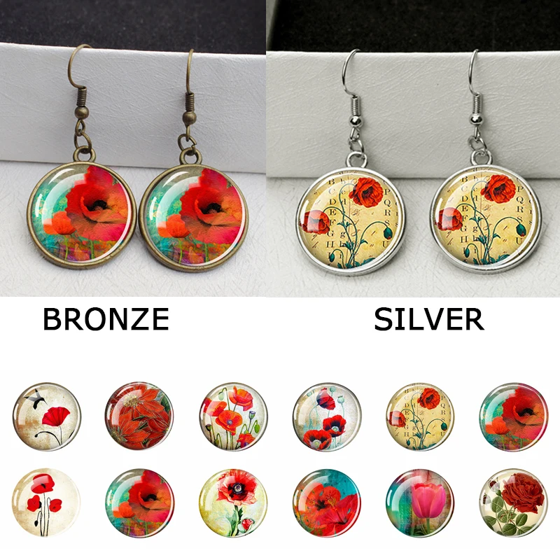 Women'S Vintage Copper/Silver Color Glass Hook Earrings Art Painting Poppy Red Flower Glass Dome Earrings Girls Jewelry Gifts