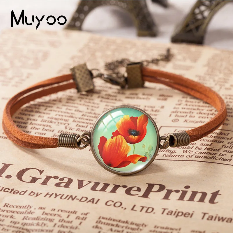 2022 New Poppies Oil Painting Leather Bracelet Art Paintings Glass Dome Photo Bracelets Handmade Jewelry For Women