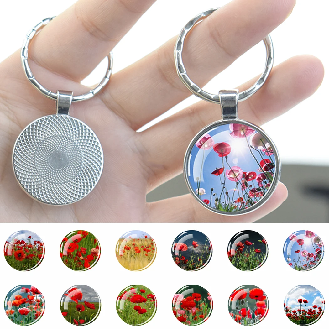 Fashion Poppy Keychain Trend Ladies Glass Cabochon Red Flowers Nature Landscape Keychain For Women Key Pendant Poppy Ornament