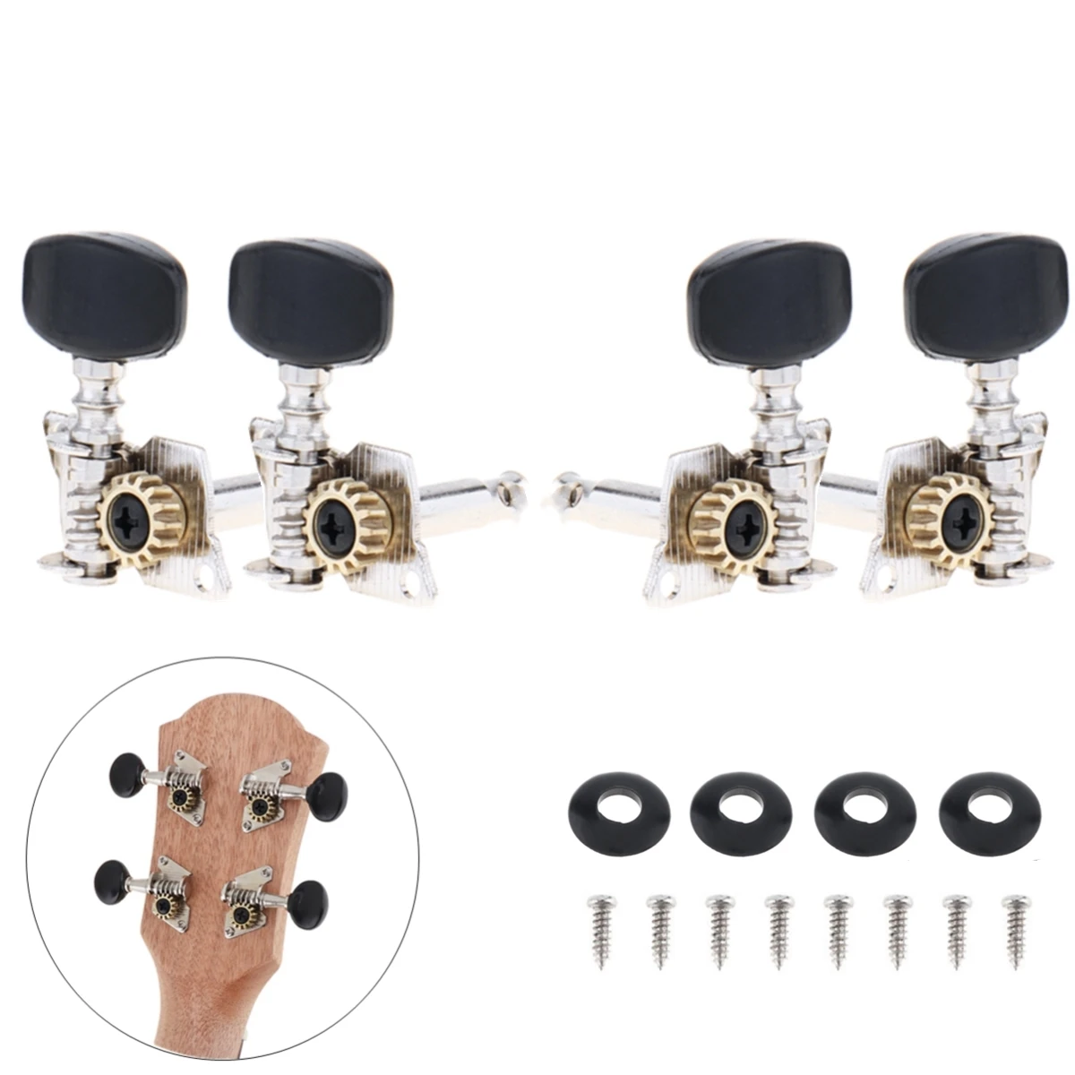 4 Pezzi Ukulele Black Tuning Pioli 2R + 2L Steel Machine Heads Tuner Per Ukuleles 21 / 23 / 26 Pollici