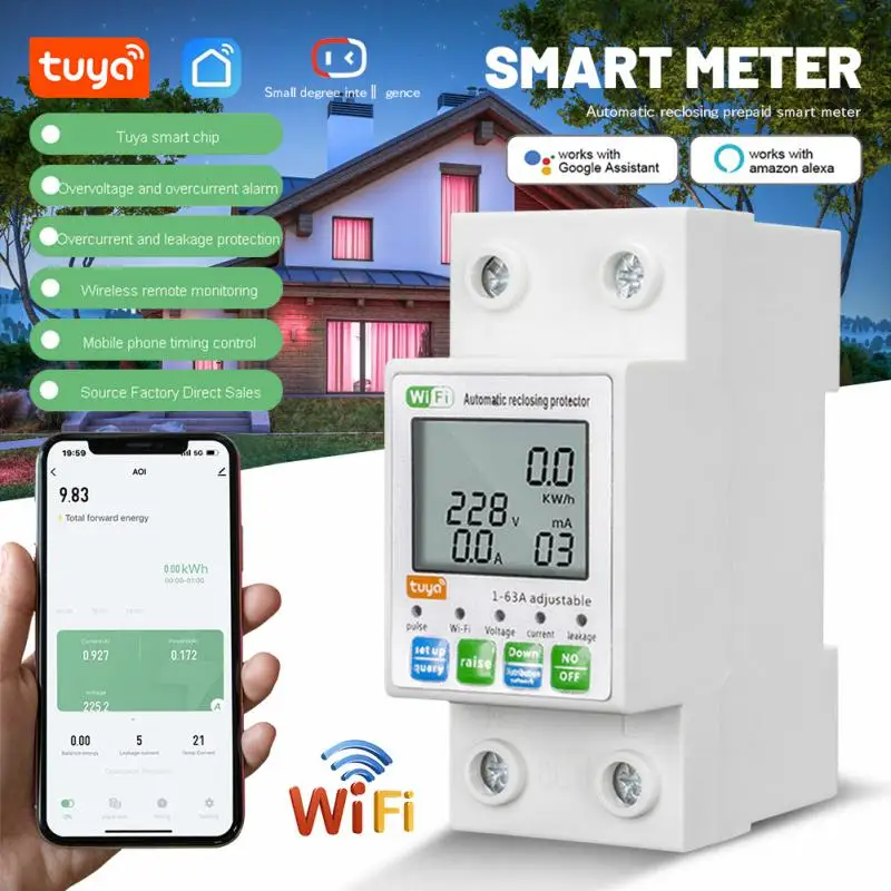 63A Tuya Wifi Smart Leakage Over Under Voltage Protector Relay Device Switch Breaker Monitoraggio Dell'Energia Misuratore Di Potenza Smart Life