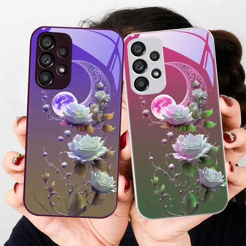 Full Moon Rose Blue Per Samsung Galaxy Note 8 9 S10 Plus S20 S21 Fe S23 Ultra A70 72 73 50 51 52 53 Custodia Per Telefono In Vetro Temperato