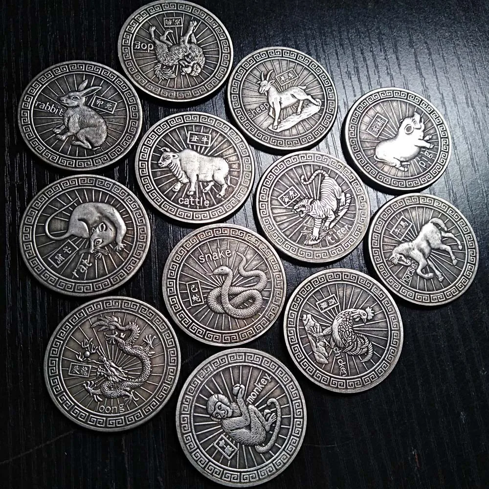 Dodici Zodiaco Argento Da Collezione Monete Antiche Bagua Feng Shui Set Di Monete Commemorative Cultura Cinese Decorazioni Per La Casa Artigianato Reg