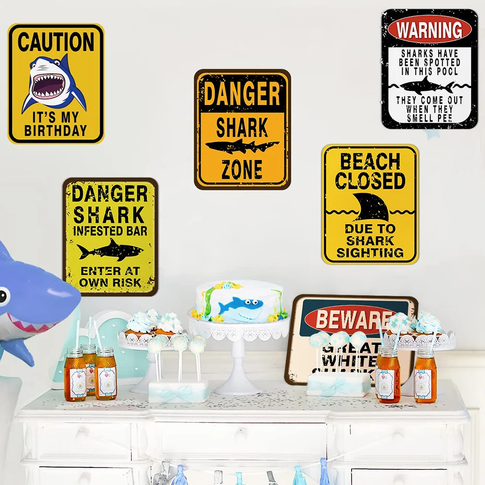 6 Pcs Shark Zone Decorazioni Per Feste Divertente Ocean Shark Warning Card Segni Murali Bambini Ocean Shark Tema Compleanno Baby Shower Decor