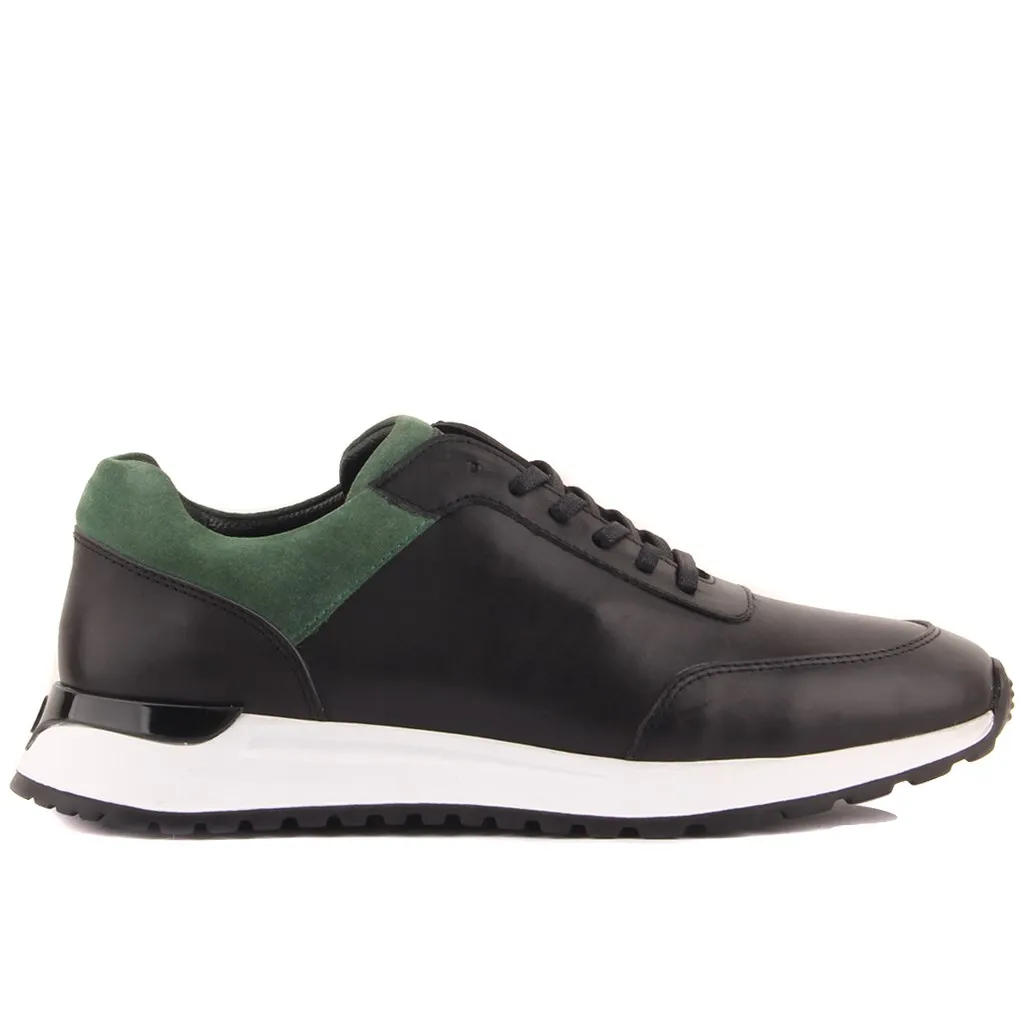 Sail Lakers-Black Leather, Green Suede Laced Men'S Casual Shoes