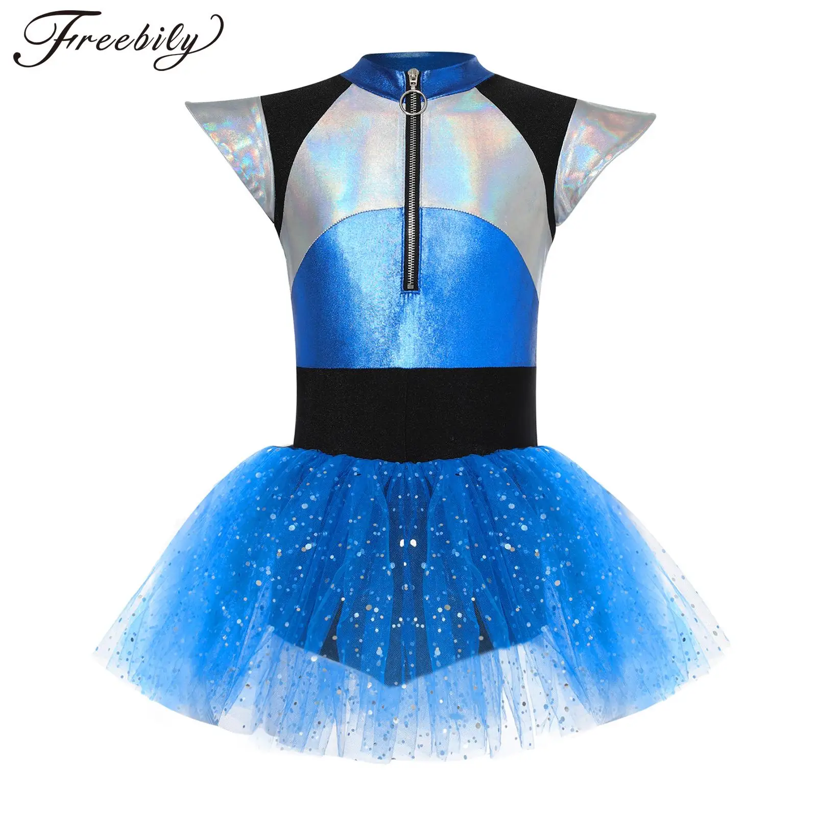 Kids Girls Alien Costume Halloween Cosplay Party Cheerleading Dress Outfit Shiny Metallic Ballet Dance Performance Tutu Dress
