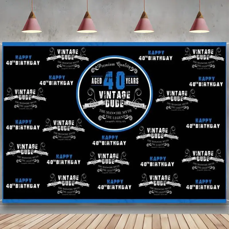 Vintage Dude 40Th Birthday Fondale Happy Forty Birthday Party Photography Background For Men Studio Props Party Decor Blue