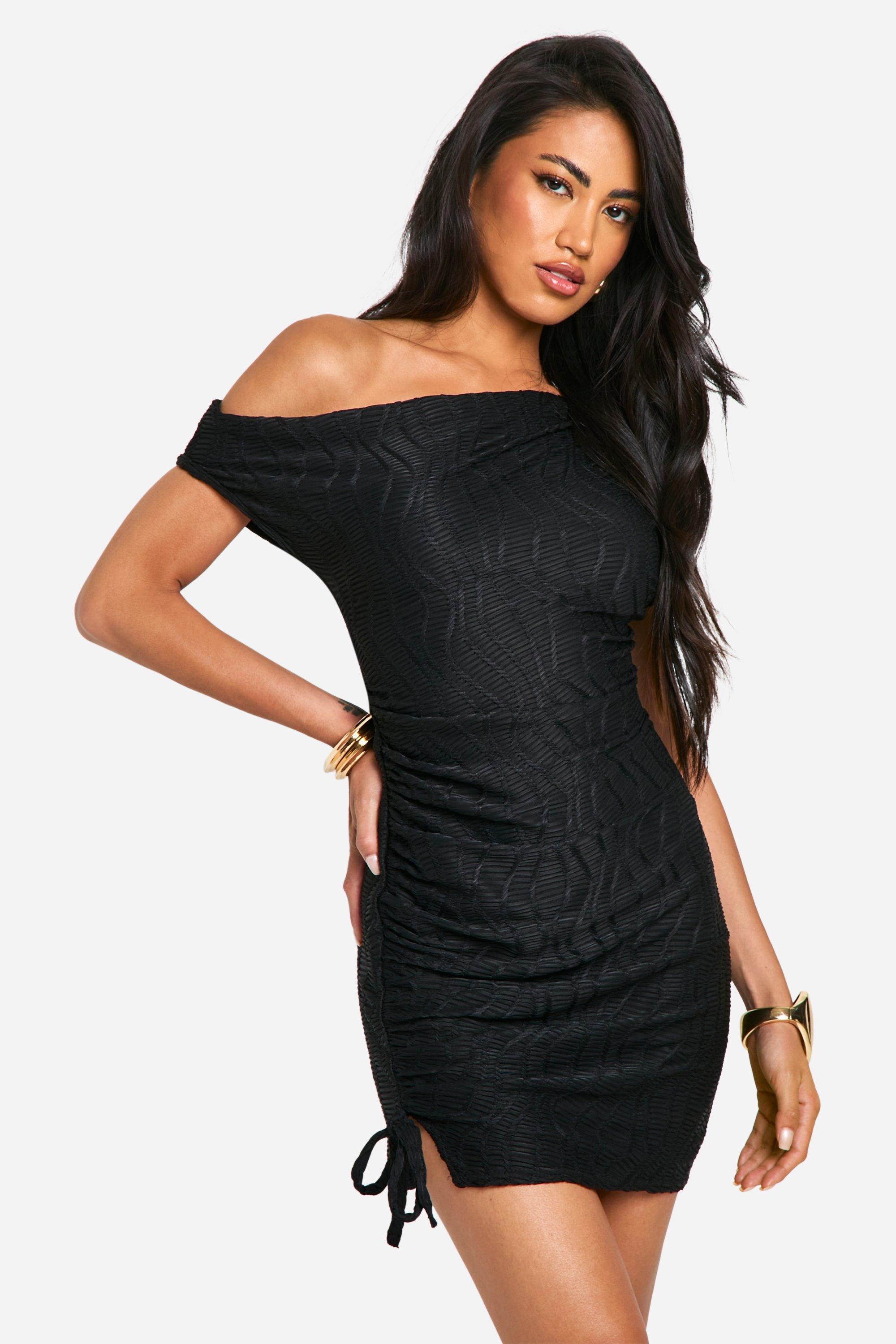 Slash Neck Textured Rib Mini Dress, Nero