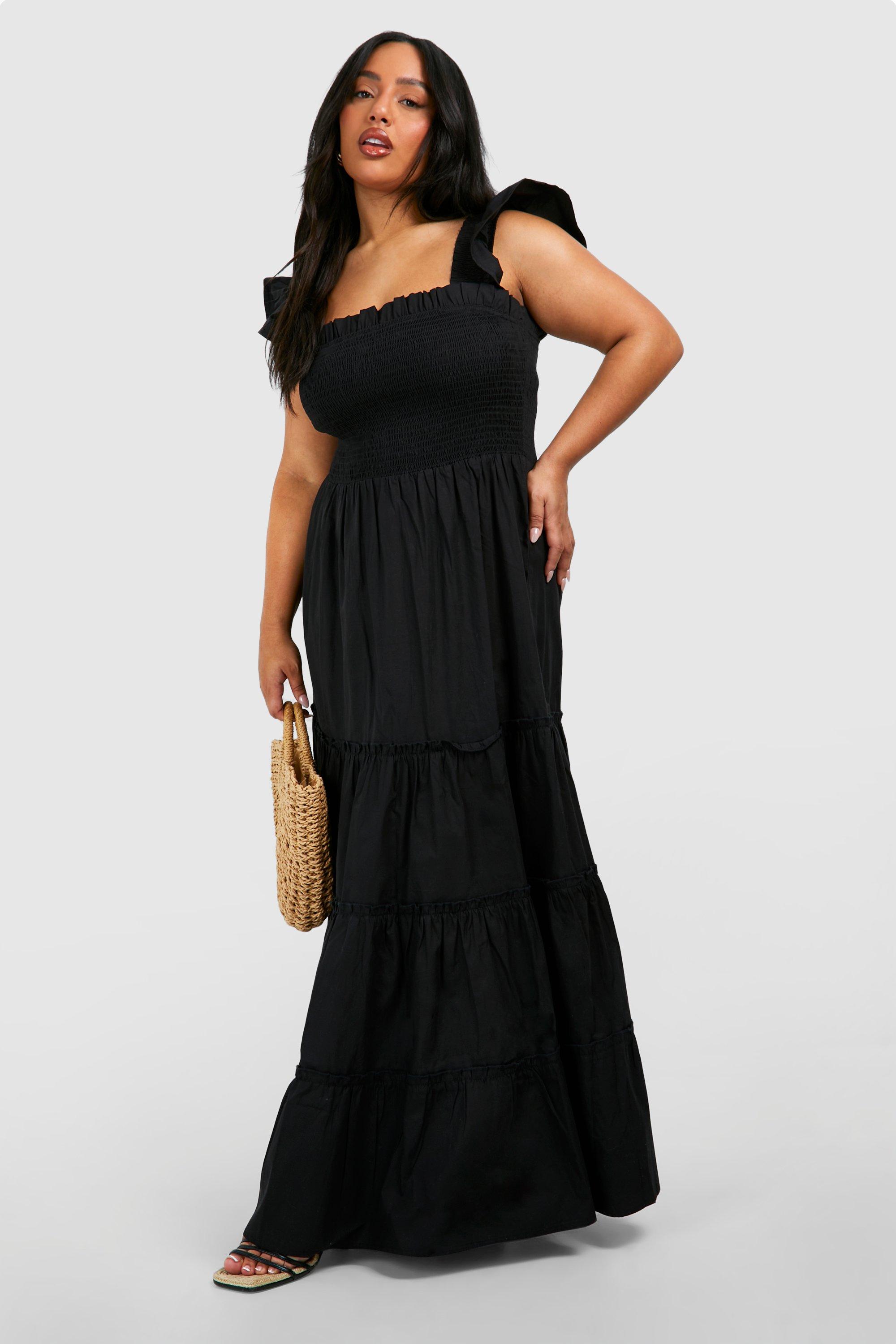 Plus Cotton Frill Sleeve Maxi Smock Dress, Nero