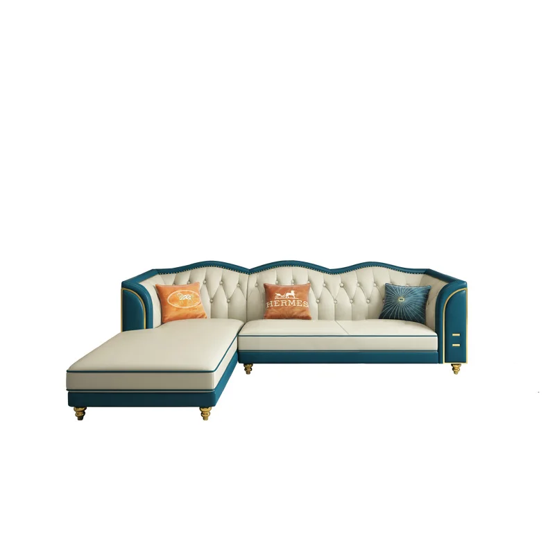 American Retro Chaise Longue Combination First Layer Cowhide Leather Corner Sofa Luxury Living Room Furniture