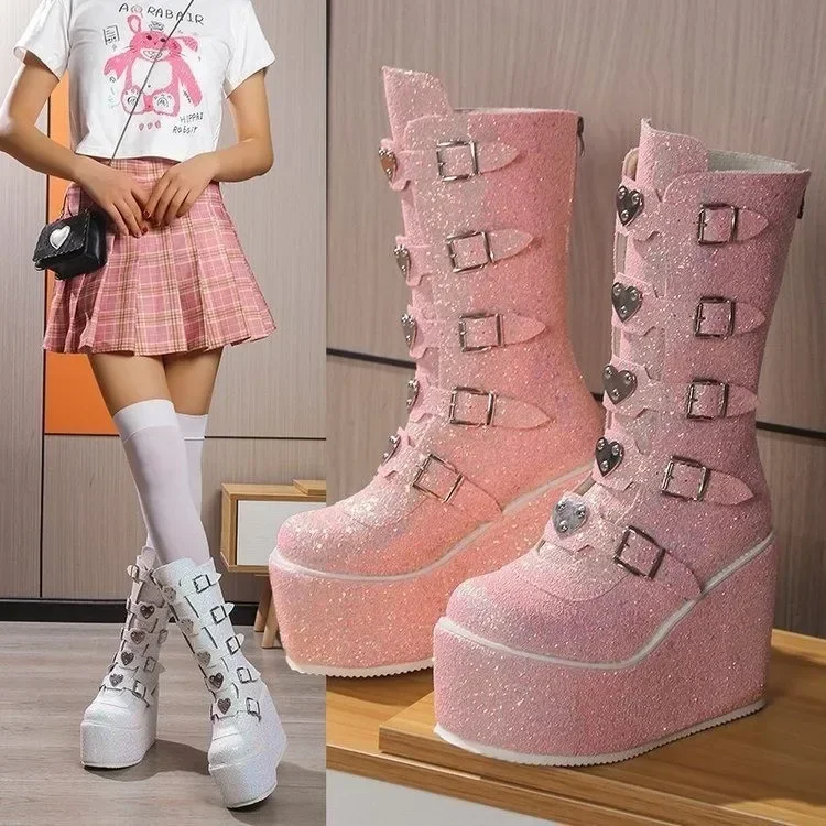Punk Paillettes Ladies Cosplay Comfort Stivali A Tubo Lungo Piattaforma Rosa Zeppe Alte Scarpe Gothic Zapatos Versace Mujer Trafza Goth