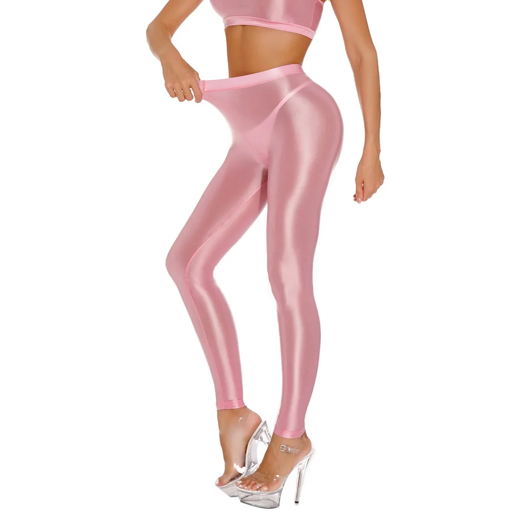 Sexy Women Sheer See Through Pencil Pants Oil Shiny Yoga Shaping Collant Elastico Body Pack Leggings All'Anca Color Caramella