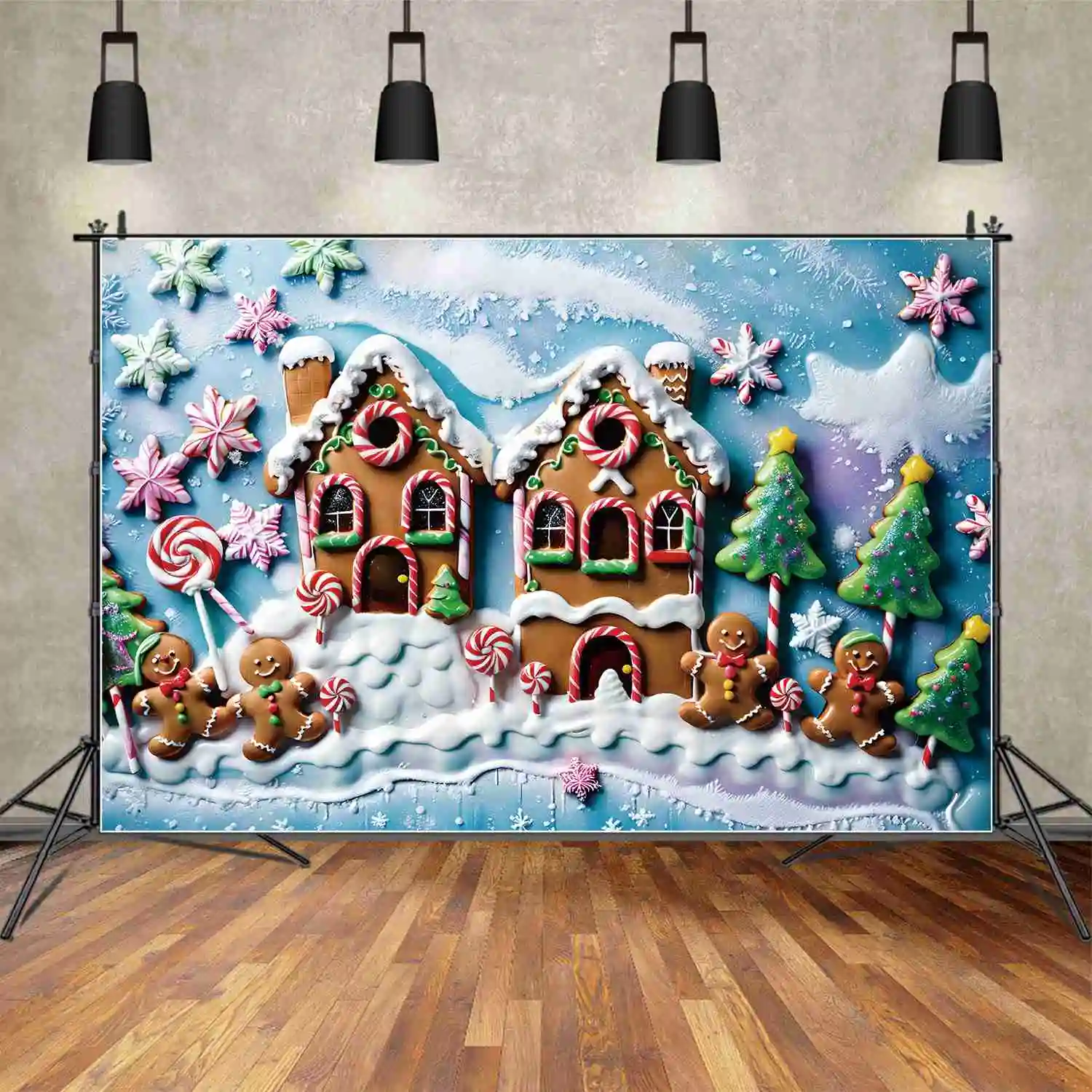 Moon.Qg Fondale Baby Christmas Photo Background Gingerbread Man Snowflake Tree Candy Ball Stampella Fotografia Puntelli Accessori