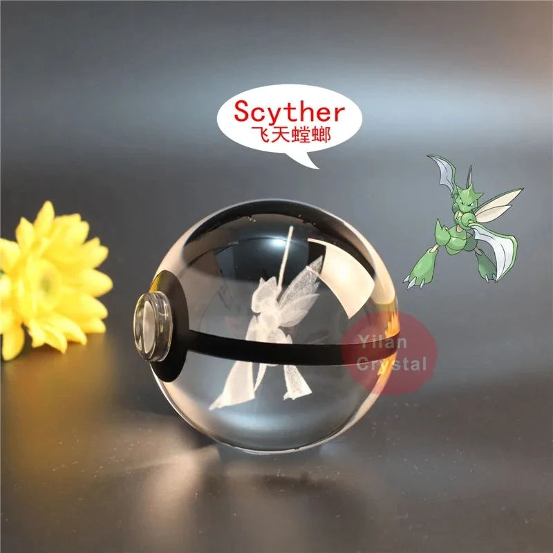 Anime Pokemon Scyther 3D Crystal Ball Pokeball Anime Figure Incisione Modello Di Cristallo Con Base Luminosa A Led Giocattolo Per Bambini Regalo Anime