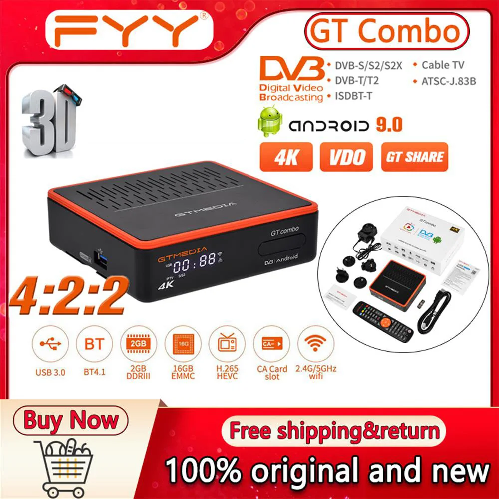 Gtmedia Gt Combo Dvb-S2X-T2/C Isdbt Atsc-C (J.83B) Combo Decoder Ricevitore Tv Satellitare 4K Android 9.0 Smart Tv Box Scheda Ca Ccam M3U Pk Gtc