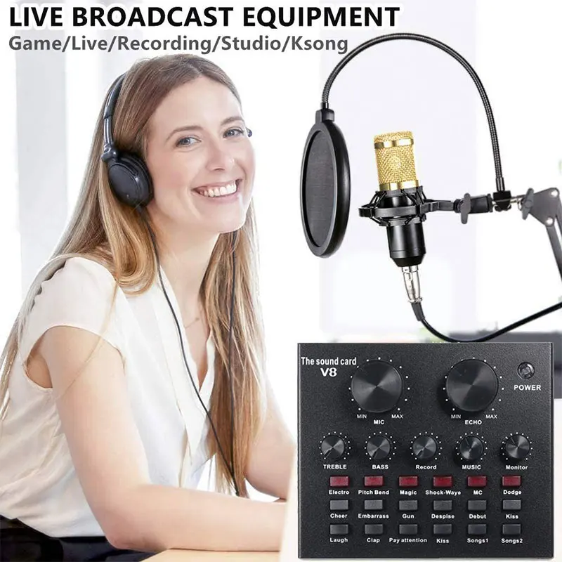 Bm800 Dual Dsp Chip Di Riduzione Del Rumore Microfono Karaoke Music Recording Studio Equipment Professional Condenser Mic V8 Soundcard