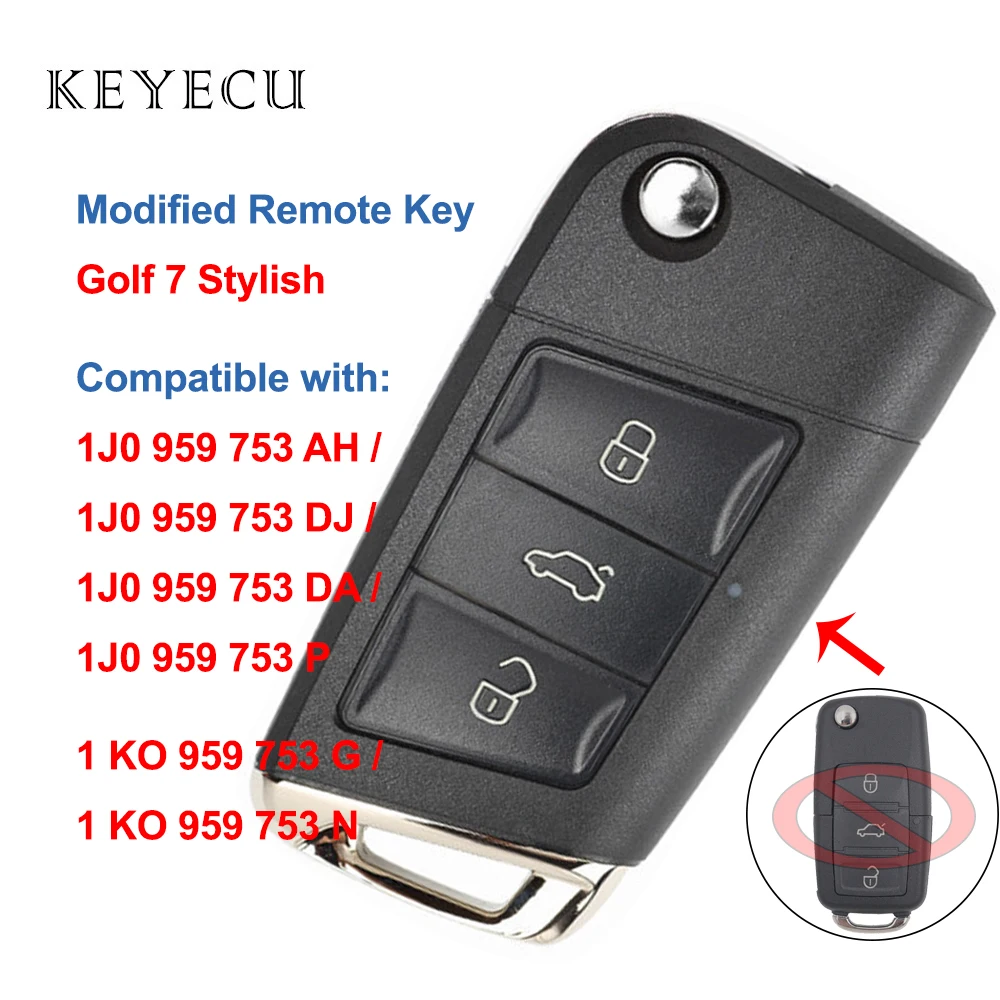 Keyecu 3 Bottoni Nuova Golf 7 Alla Moda Chiave A Distanza Per Volkswagen Skoda Seat 1J0 959 753 Ah/ Dj/ Da/ P, 1Ko 959 753 G / N