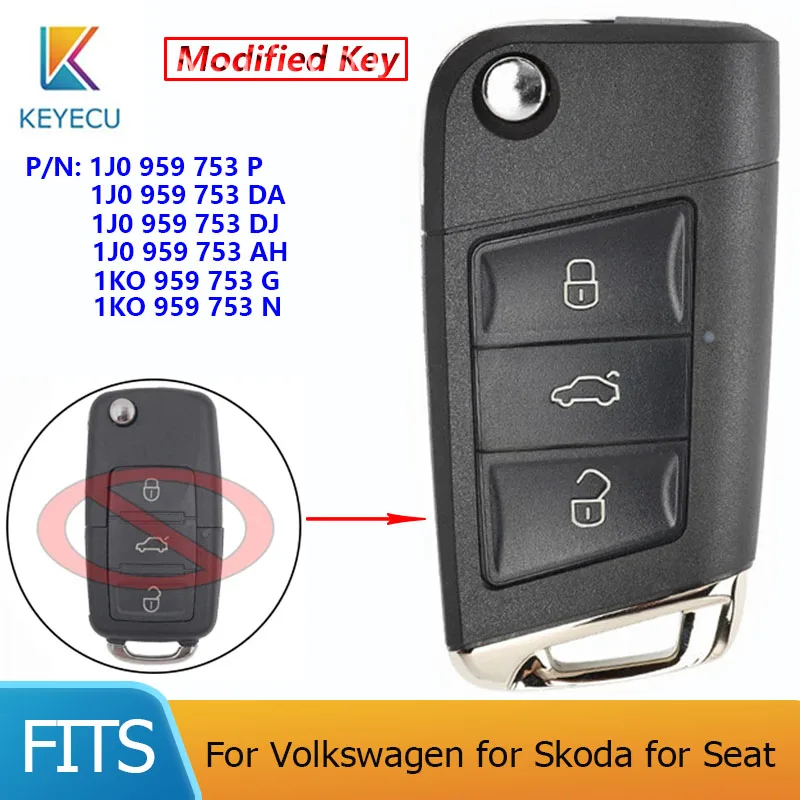 Keyecu Per Volkswagen Per Skoda Per Seat 1J0 959 753 Ah / Dj / Da / P, 1Ko 959 753 G / N New Golf 7 Elegante Tasto Remoto 3 Pulsanti