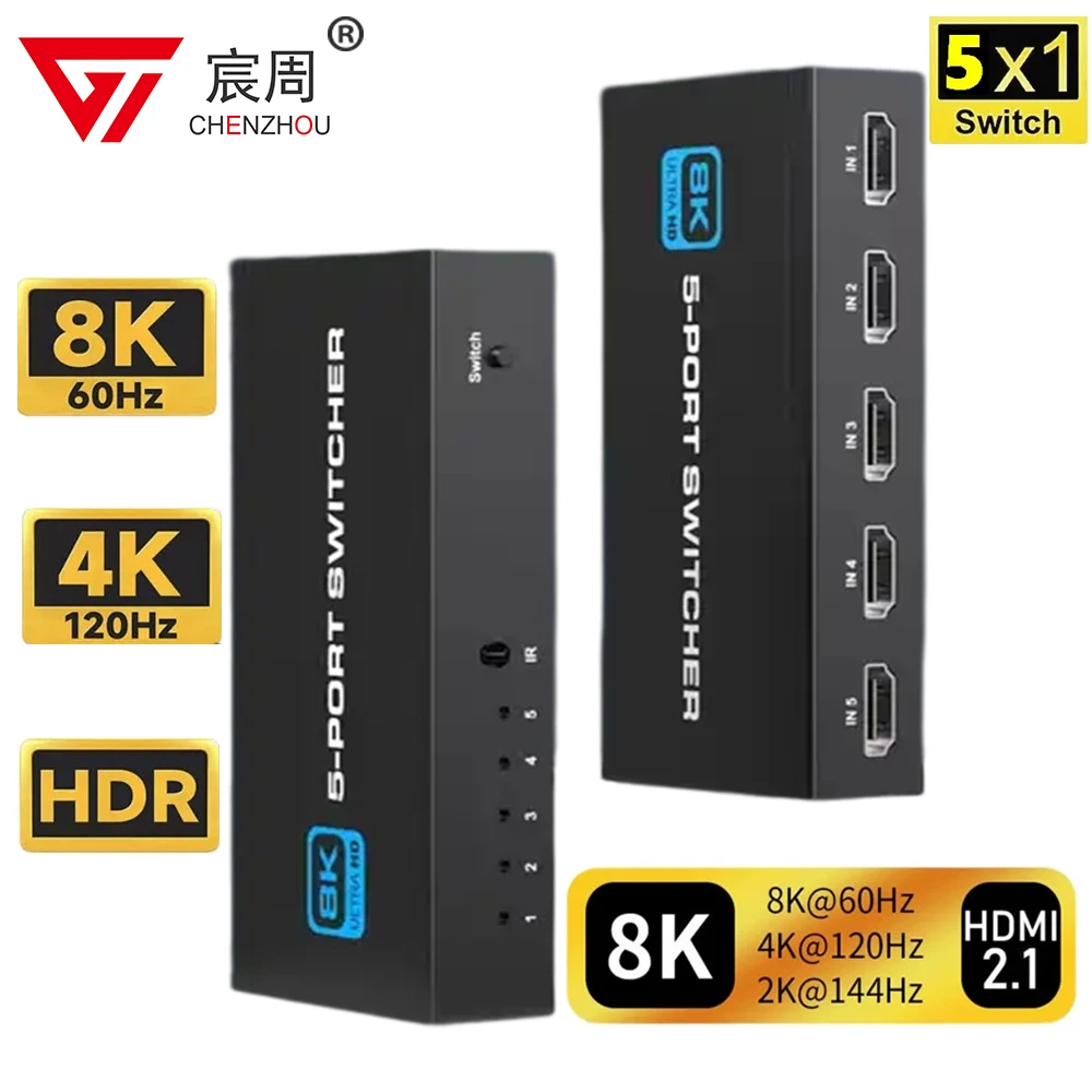 Hdmi2.1 8K Hdmi Switch 5 In 1 Out 5 Porte Hdmi Switcher Selector Supporta Switch Splitter Adapter Ir Remote Per Ps5 Ps4 Projector 8K@60Hz 4K@120Hz 8K 