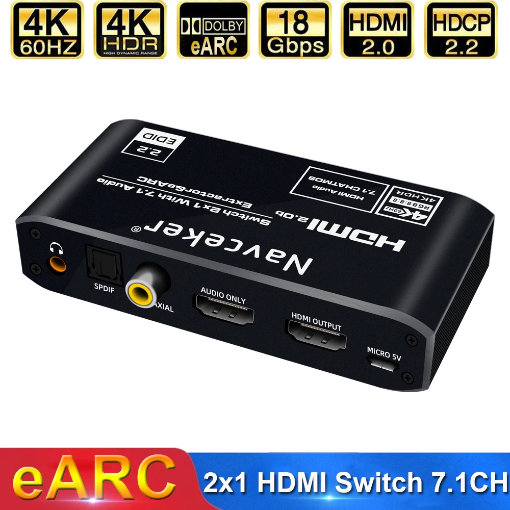 Navceker 4K 120Hz Hdmi Switch Earc De Audio Extractor Ottico Toslink Hdmi 2.0 Switch 4K 60Hz Hdmi Switcher Remote Per Ps5 Xbox