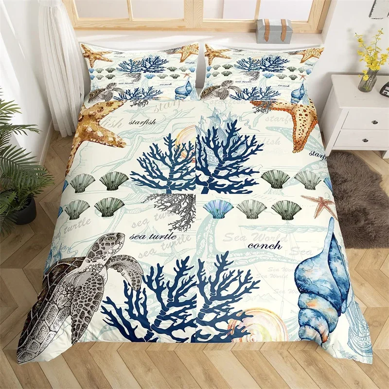 Copripiumino Tartaruga Marina Set Biancheria Da Letto A Tema Oceano King Queen For Kids Teen Microfibra Starfish Coastal Conch Shell Copripiumino
