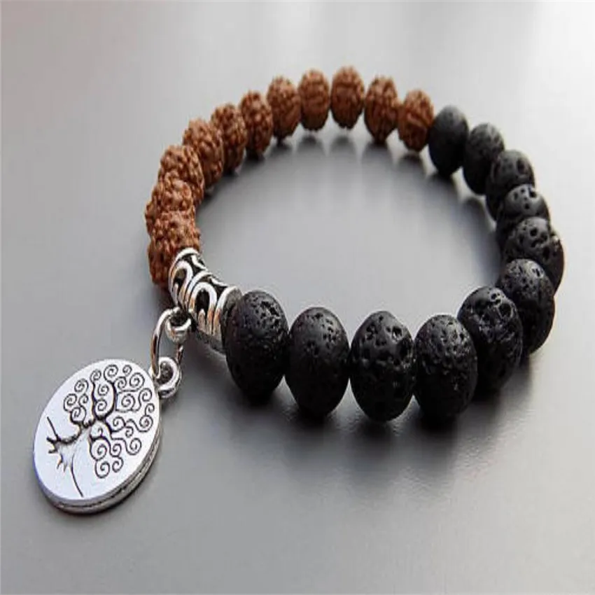 8Mm Rudraksha Volcanics Mala Bracciale Lotus Buddha Ciondolo In Rilievo Impilabile Elegante Etnico Bohémien Regalo Link Adolescenti