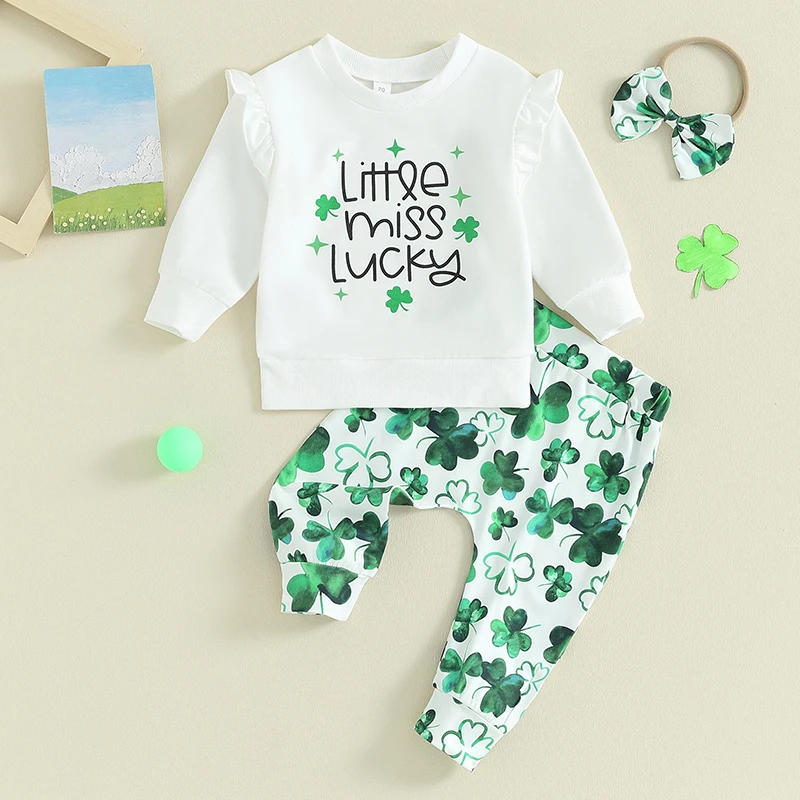 Puhhapiey Baby Girl St Patrick S Day Outfit Luckey Ruffle Felpe Girocollo Pantaloni Verdi Fascia Trifoglio Set Di Abbigliamento