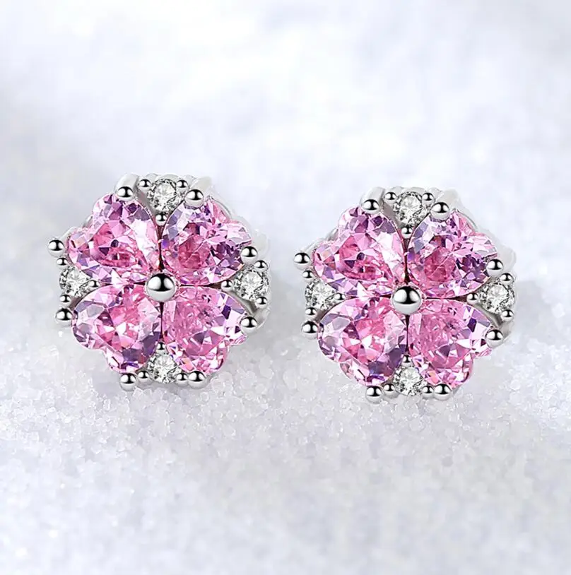100% 925 Sterling Silver Pink Creato Moissanite Gemstone Wedding Flowers Ear Studs Clover Earring Fine Jewelry Wholesale