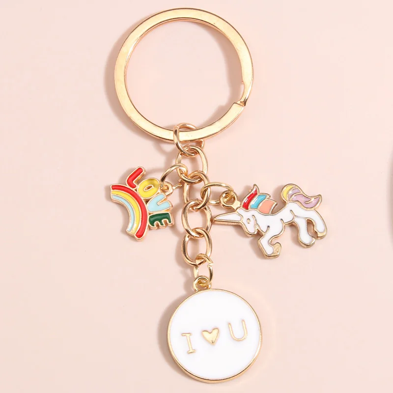 Cute Keychain Rainbow Love Unicorn I Love You Key Ring Enamel  Key Chains For Women Men Handbag Accessorie Diy Jewelry Gifts