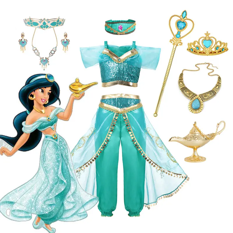 Disney Jasmine Costume Girls Cosplay Kids Arabian Princess Clothes Bambini Aladdin Lamp Christmas Dress Halloween Evening Dress
