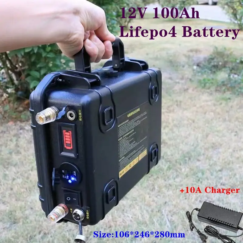 Batteria Al Litio Ferro Fosfato 12V 100Ah Deep Cycle Lifepo4 100A Bms Golf Cart Ev Rv Marine Trolling Motor + Caricatore 10A