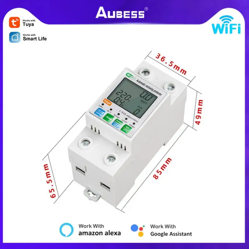 Tuya Wifi Smart Meter Power Monitor Smart Circuit Breaker Over Under Voltage Protector 2P 63A Aleakage Protection Alexa Google