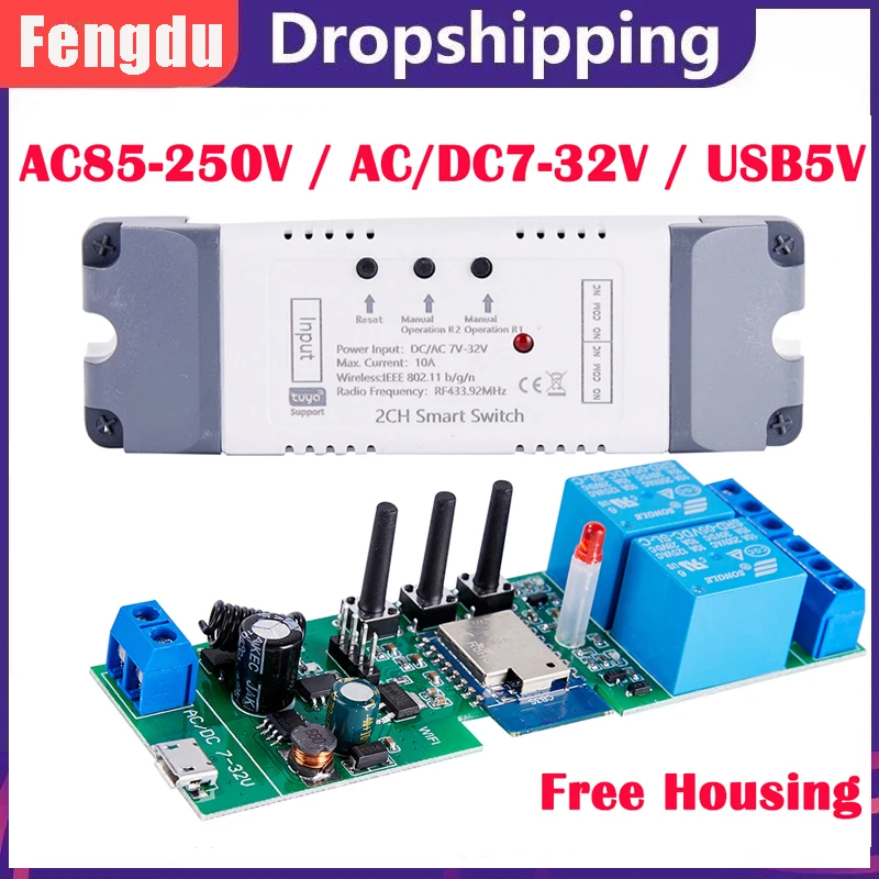 Ac220V Tuya Smart Switch 85-250V 2Ch Modulo Relè Wifi 5V 12V 24V 433Mhz Telecomando Rf Google Home Alexa Tuya 2Ch Ricevitore