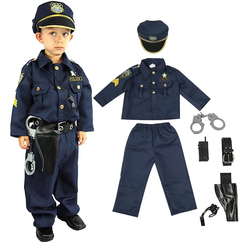 Ufficiale Di Polizia Costume Di Halloween Per Bambini Ragazzi America Polizia Set Camicia Pantaloni Cappello Cintura Fischietto Fondina Pistola Walkie