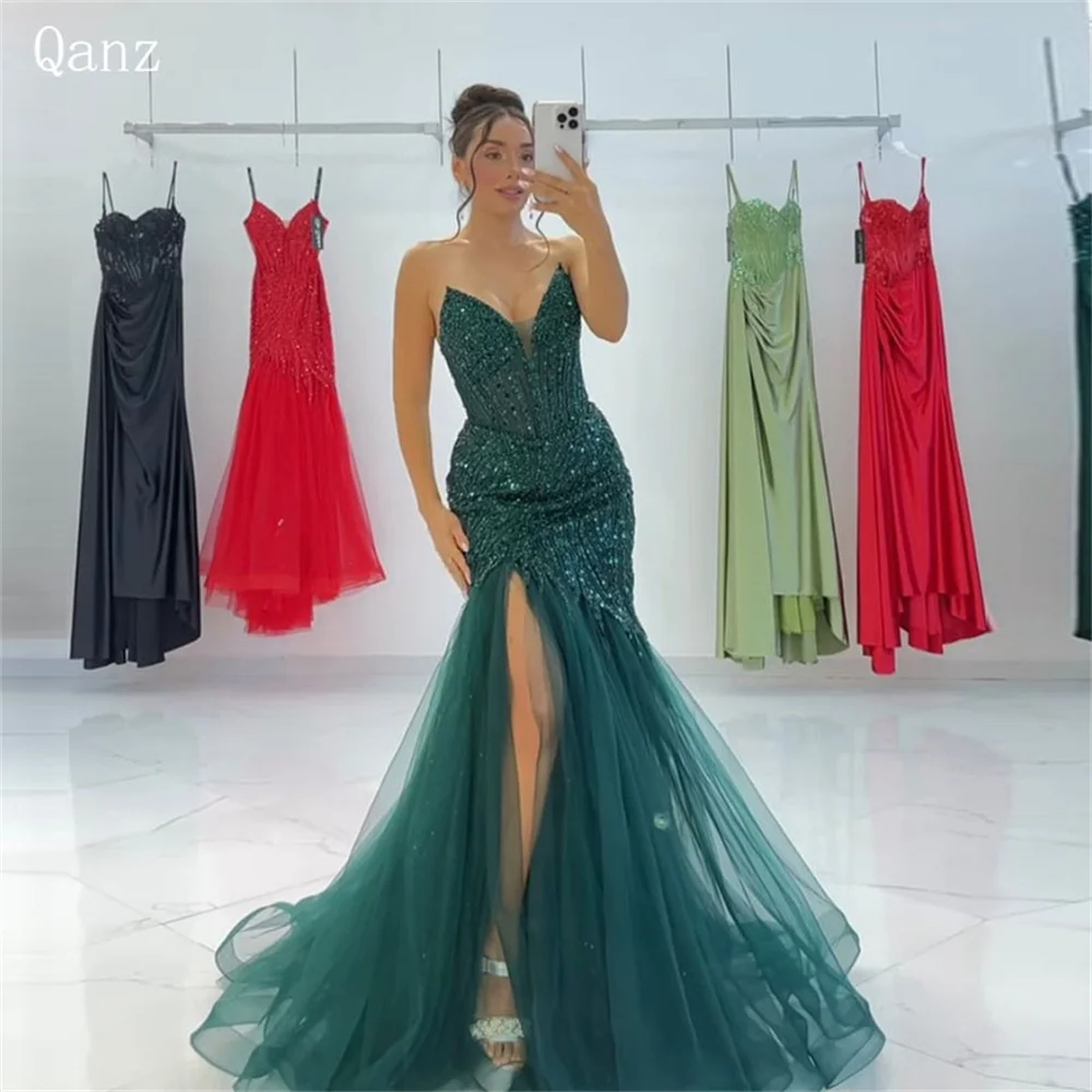 Qanz Sparkle Green Abiti Da Sera Tulle Sweetheart High Slit Mermaid Vestido Festas Luxo Lace Up Back Dress Women Elegant Party