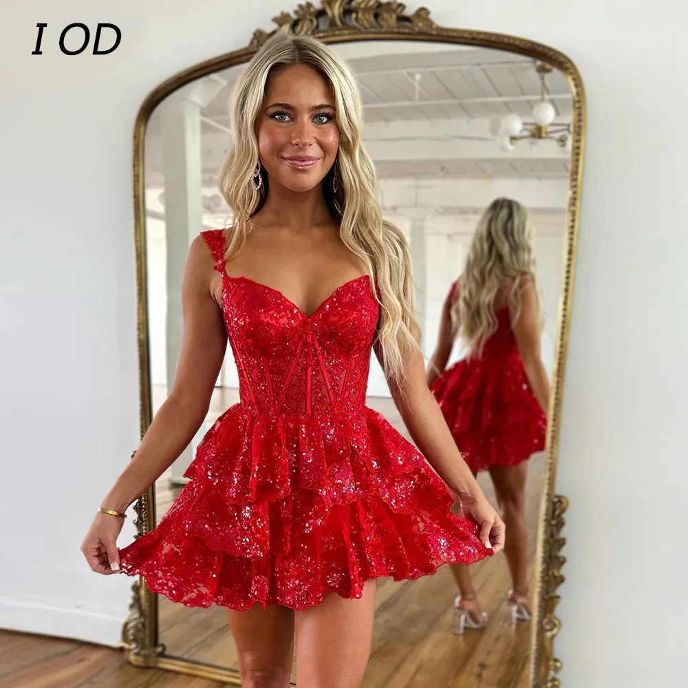 I Od Sexy Sweetheart Prom Dresses Lace Applique Con Paillettes Zipper Back Tiered Party Gown Illusion Sopra Il Ginocchio Vestidos De Festa Nuovo