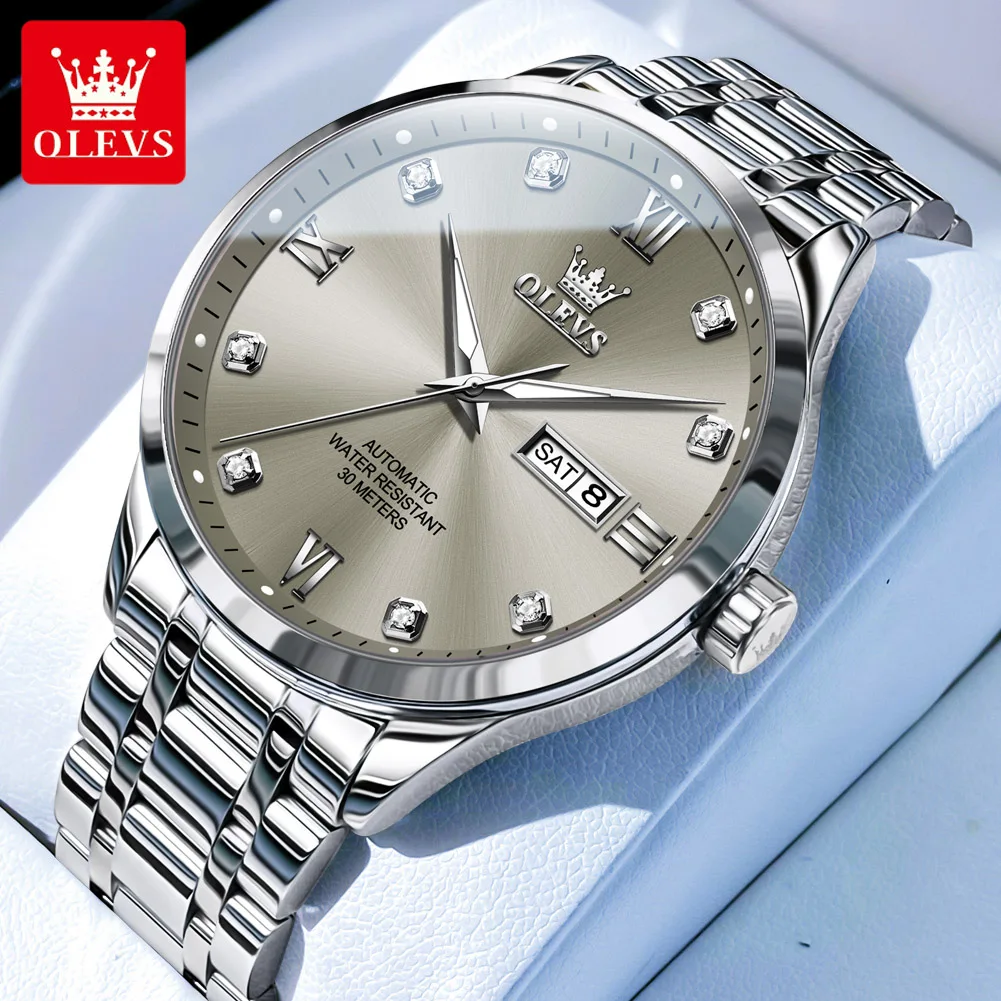 Olevs Top Brand Luxury Diamond Orologio Meccanico Per Uomo Fashion Grey Dial Acciaio Inossidabile Impermeabile Data Week Orologio Automatico