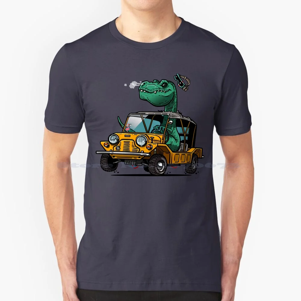Dino Moking T Shirt 100% Cotone Tee Dino Mini Moke Utility Vehicle Cartoon