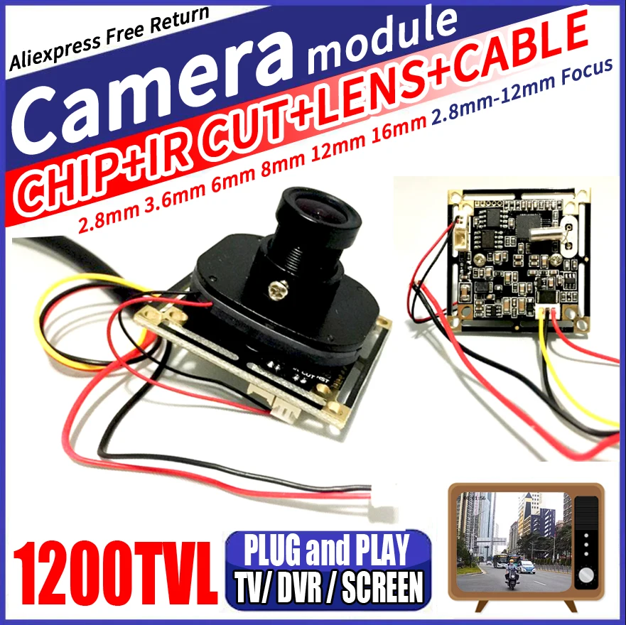 Real 1200Tvl Hd Color 1/4Cmos Analog 960H Cvbs Monitor Finito Cctv Mini Chip Module Completo 2.8Mm Lens Ircut Cable Un Set Completo