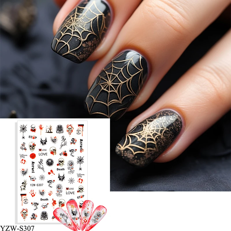 Cute Halloween Tema Nail Sticker Pink Pumpkin Spider Web Cat Black Bricchette Dust Nail Design 3D Decalcomanie In Rilievo