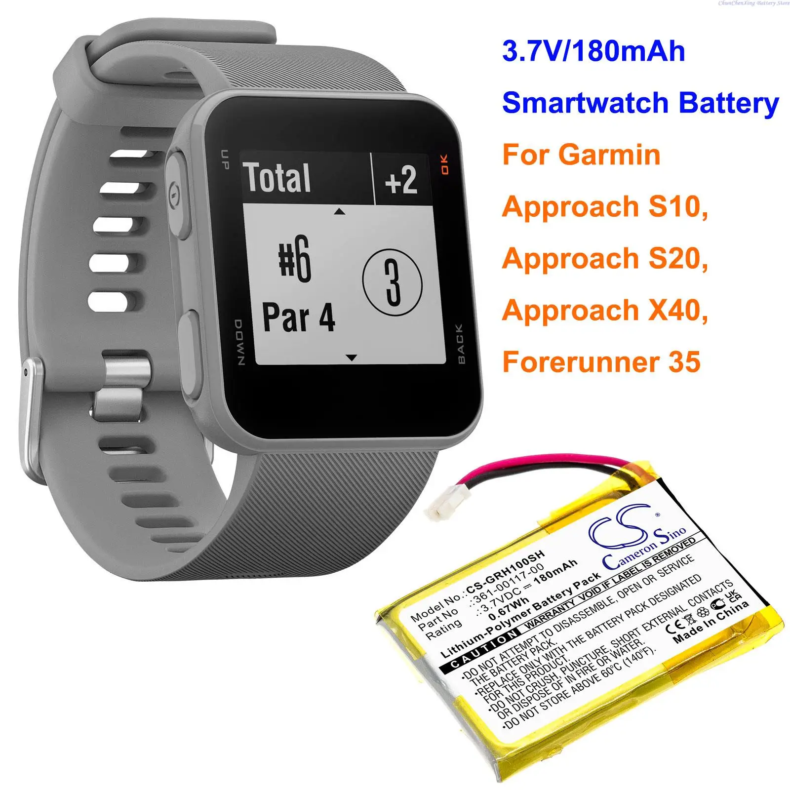 Batteria Smartwatch Greenbattery180Mah 361-00117-00 Per Garmin Approach S10, Approach S20, Approach X40, Forerunner 35