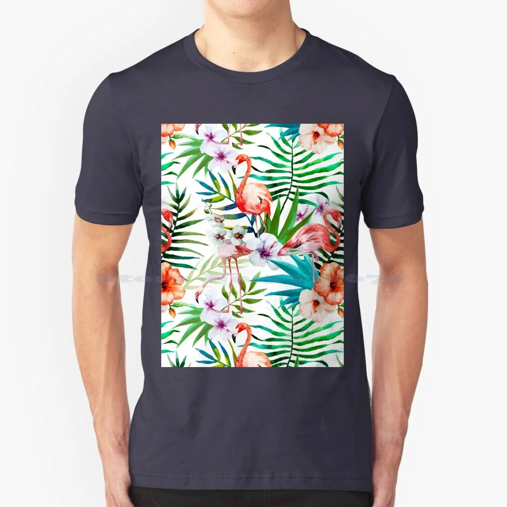 Tropical Flamingo Hibiscus T Shirt 100% Cotone Tee Flamingo Hibiscus Tropical Leaf Summer Hand Drawn Acquerello Tropicana Style