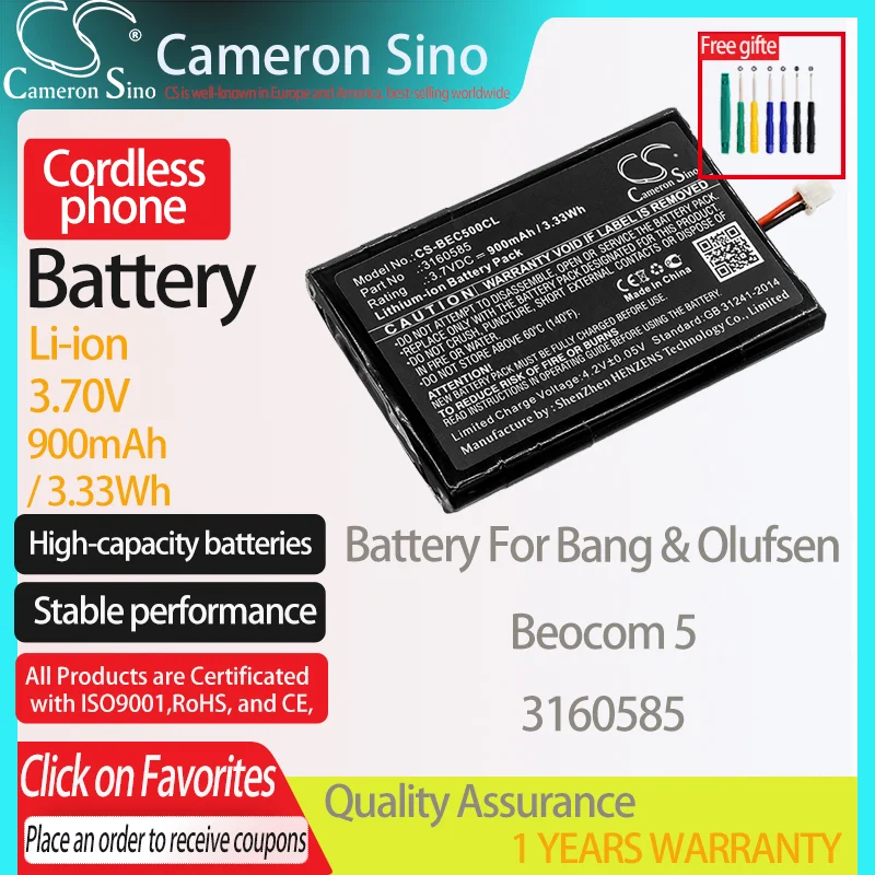 Batteria Cameronsino Per Bang & Olufsen Beocom 5 Per Batteria Per Telefono Cordless Bang & Olufsen 3160585, Batteria Fissa 900Mah 3.70V