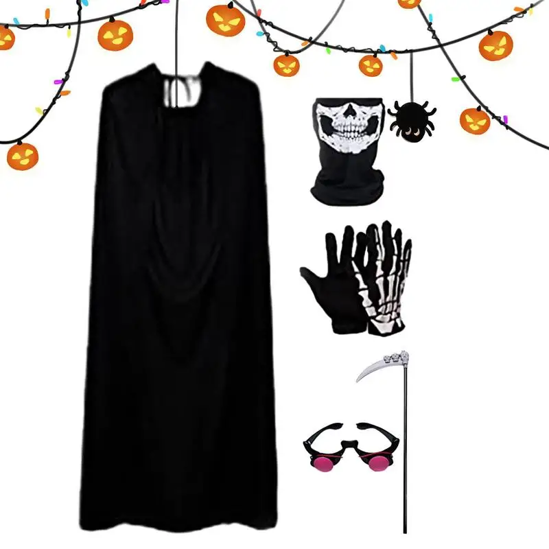 Grim Reaper Costume Mantello Con Cappuccio Reaper Costume Per Bambini 5 Pezzi Costume Mietitore Con Guanti Scheletro Scythe Glowing Red Eyes