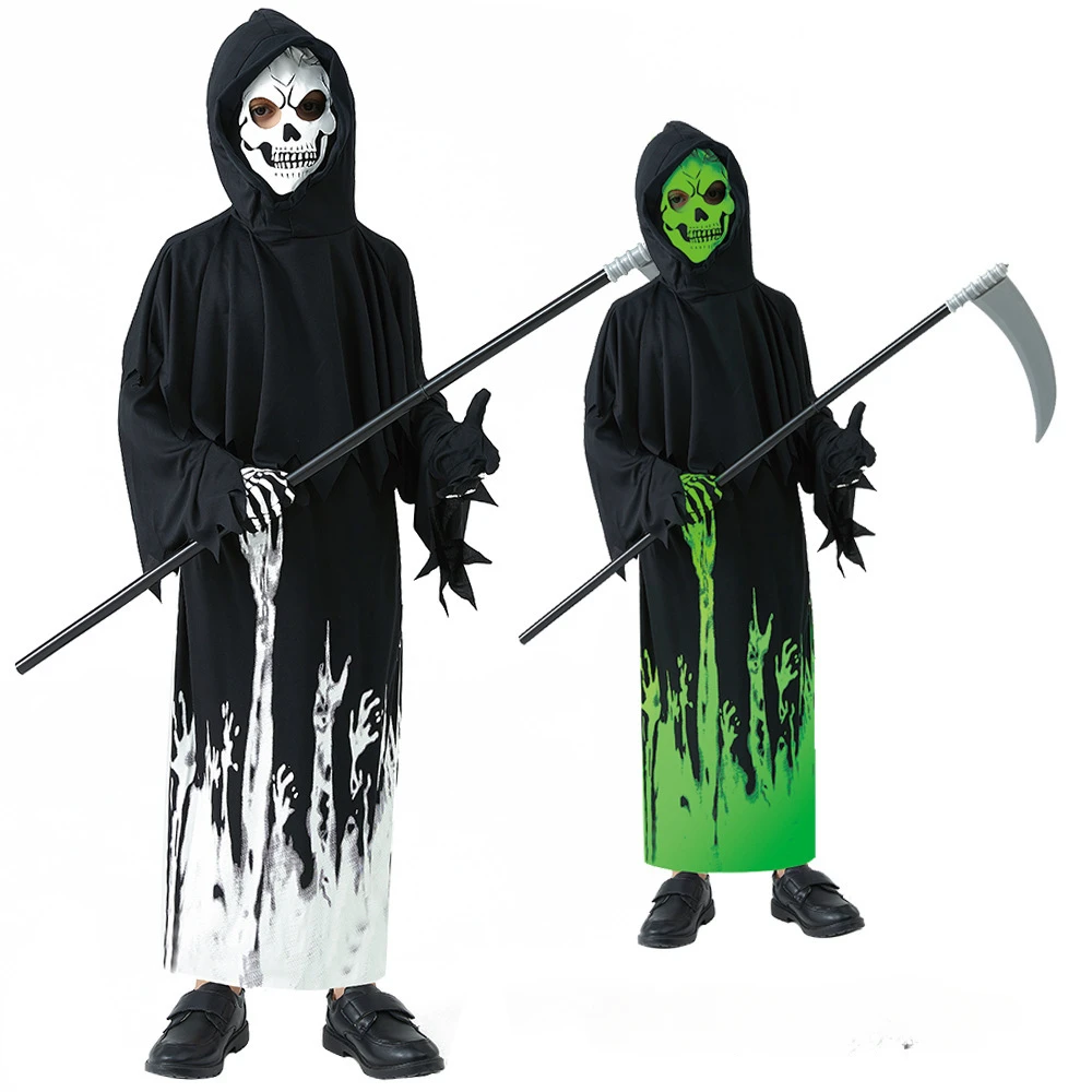 Halloween Spaventoso Costume Fantasma Ragazzi Grim Reaper Scythe Costume Spaventoso Grim Reaper Costume Dark Ghost Glow Robe Per Bambini Ragazzo