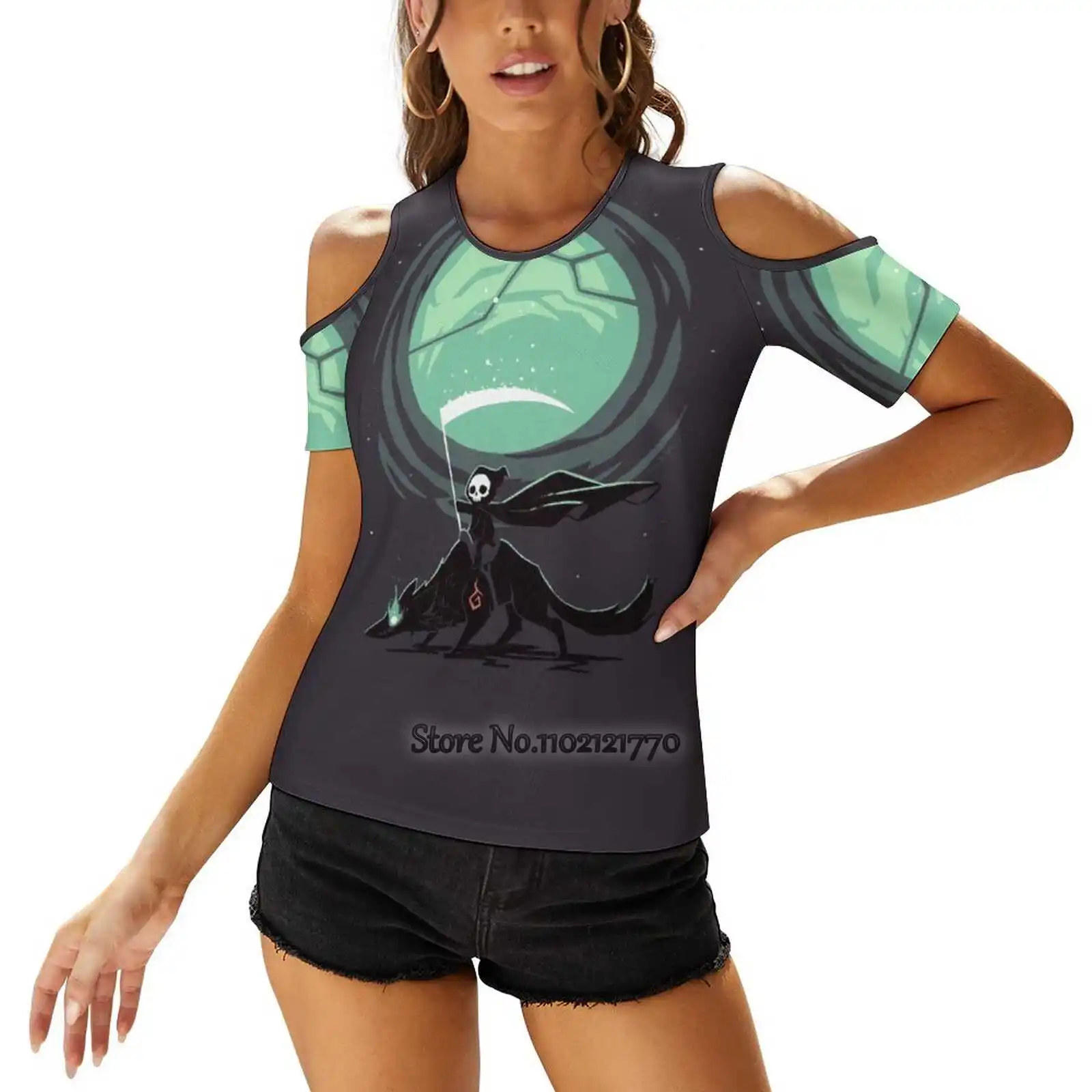 Little Reaper Sexy T-Shirt Casual Top Pullover Ladies Top Back Allacciatura T-Shirt Little Grim Reaper Scythe Wolf Monster Dark