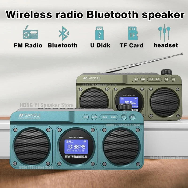 Nuovo Sansui F28 Retro Radio Altoparlante Bluetooth Wireless Subwoofer Stereo Portatile Mini Plug In Walkman Clock Alarm Music Player